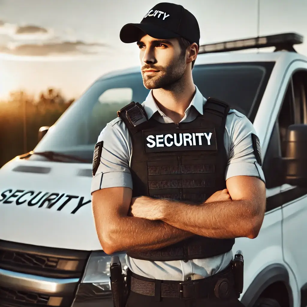 handsome unshaven security guard wearing a cap and ballistic vest standing in front of his patrol vehicle looking aspirationally off into the distance