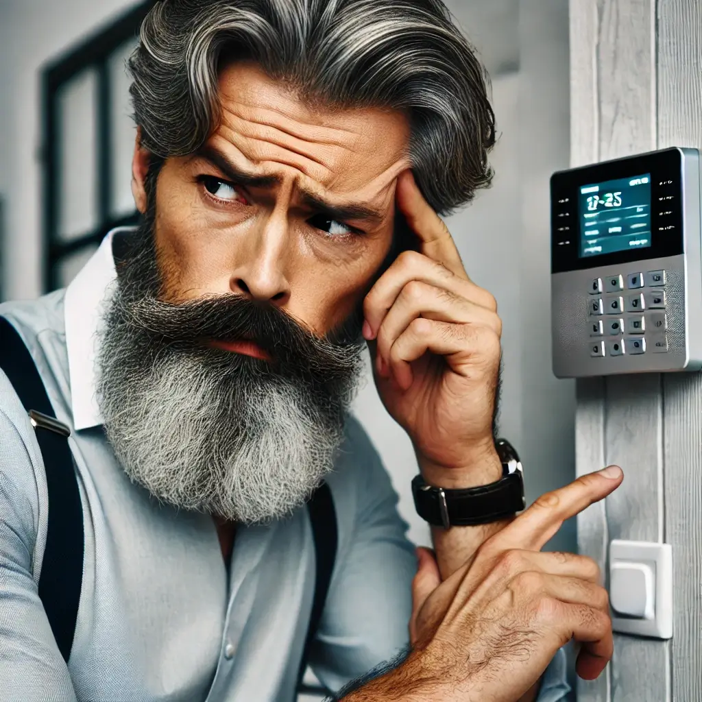 professional man with long salt and pepper beard looking overwhelmed at a security control panel