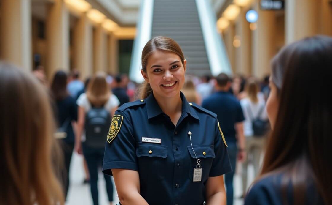 photorealistic image of a female security guard at a counter with a crowd milling about a staircase